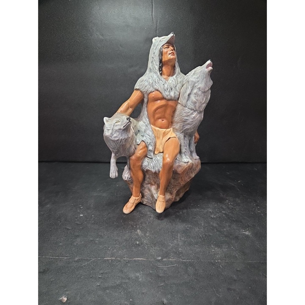 Provincial Mold Native American‎ with Wolves Statue, Hand-Painted Ceramic, Flaw